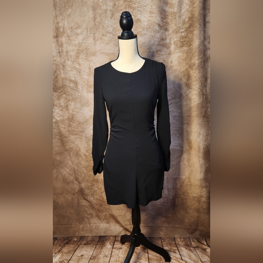 ZARA Black Long Sleeve Ruched Mini Dress – Side Gathered Bodycon Dress – Size S